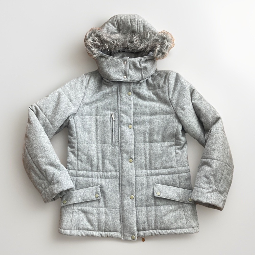 Talbots Womens Small Light Gray Wool Blend Faux Fur Hooded Coat Warm Pockets